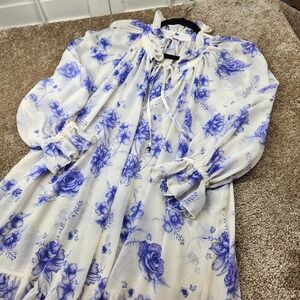Free People Blue Floral Boho Maxi Dress XS Long Sleeve Tiered Romantic Tie Neck